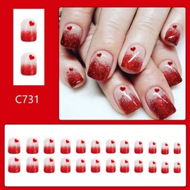 24 Pcs Valentine's Day Glitter French Tip Press on Nails Short Square Fake Nails with Red Heart Love Design Sparkly False Nails Full Cover Valentine Acrylic Nails Stick on Nails for Women Nail Art DIY