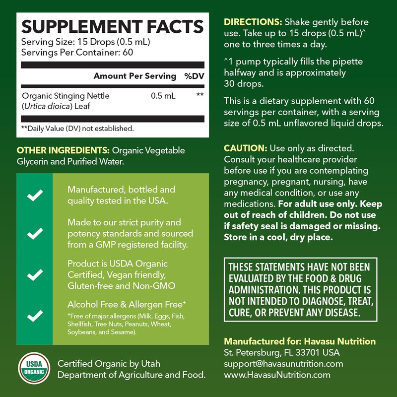 Stinging Nettle Leaf Extract Liquid Drops - USDA Organic -