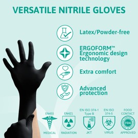 Ansell MicroFlex 93-852 Nitrile Disposable Gloves, Black Disposable Gloves, Work Disposable Gloves, Mechanics Gloves, Food Gloves, Tattoo Gloves, Black Gloves Size S (100 Gloves)