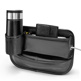 Roucerlin Car Seat Gap Filler Organizer, Universal Leather Car Seat Storage Box with Cup Holder, Front Seat Auto Console Side Car Inserts Between Seats for Phones Glasses Keys Cards (Driver Side)