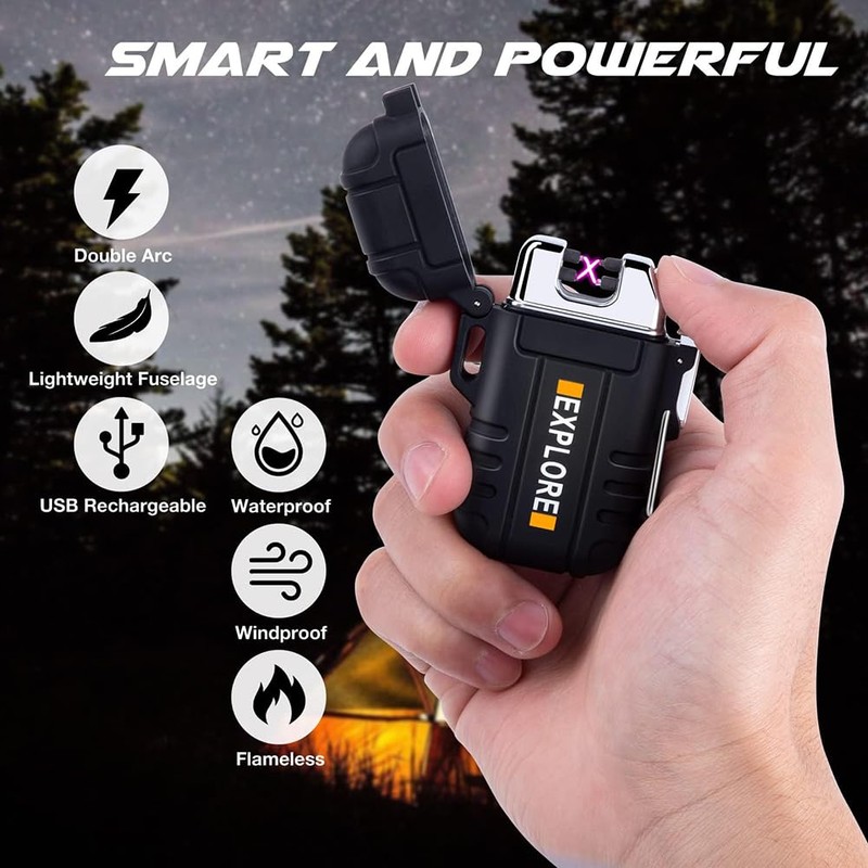LcFun Waterproof Electric Lighter Windproof Dual Arc USB Rechargeable Flameless