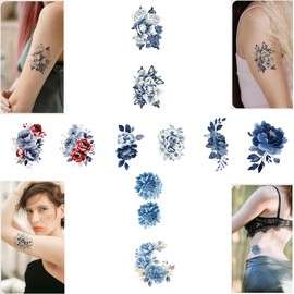 Calnklily 9Pcs Colorful Flower Temporary Tattoos With Fake Tattoo Designs—Long-Lasting, Realistic, And Specially Designed As Body Art For Women. (Moonlit Tidal Bloom)