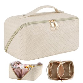 Cosmetiquera de Viaje de Gran Capacidad - Bolsa de Maquillaje de Cuero PU Impermeable con Asa y Separadores, Bolsa Organizadora de Cosmeticos, Neceser de Viaje para Mujer Portátil (Blanco)