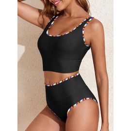 Herseas Women's 2 Piece High Waisted Bikini Sets Sporty Swim Suit Color Block Edge 2025 Beach High Cut Bathing Suits Black Small