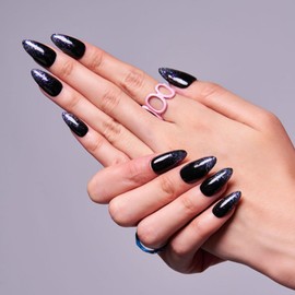 GLAMERMAID Press on Nails Medium Almond,Handmade Black Glitter False Nails with French Tips Design,Gel Glue on Nails Reusable Full Cover Manicure Set for Women