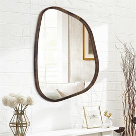 HLFMVWE Asymmetrical Accent Mirror for Wall Irregular Oval Wood Frame Modern Unique Wall Mirror Decorative Boho Vanity Bathroom Living Room Bedroom Entryway Hallway Artistic Wavy Mirror Large 26"x18"