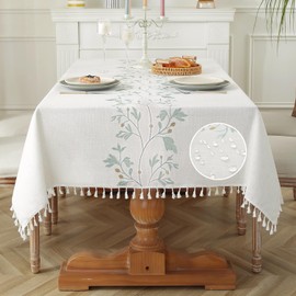 JIALE Table Cloth Rectangle Table, Heavy Duty Cotton Linen Waterproof Tablecloths Farmhouse Tablecloth, Soft and Wrinkle Free Table Cover with Tassels, Green Flowers, 55''x70''