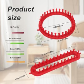 MYLERCT Knitting Frame Set, 2 Pieces Red Knitting Board, 19 cm Round and 26 cm Rectangular Knitting Machine with Crochet Hook and Plastic Needle for Making Scarves, Hats and Sweaters