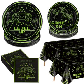 Video Game Party Decorations - Green Gaming Birthday Decorations Includes Game On Plates, Napkins, Tablecloth, Birthday Decorations for Boys Level Up Birthday Decorations Gamer Decorations, Serve 20