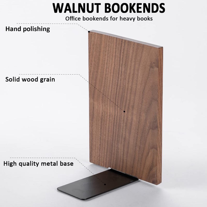 Muso Wood Handmade Walnut Book Ends, Non-Skid Bookends for Shelves,