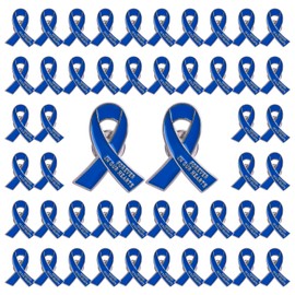 WANDIC 50 Pcs Blue Ribbon Metal Pins, Memorial Ribbon Alloy Brooches in Forever in Our Hearts for Funeral Mourning Event Bereavement Remembrance