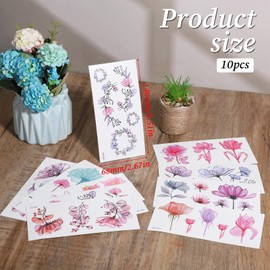 10 Sheets Flower Temporary Tattoos Arm Fake Flower Tattoo Stickers Realistic Long Lasting Waterproof Floral Art Tattoos for Women, Girls Face, Body
