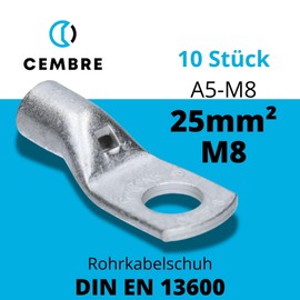 Cembre A5-M8 Tube Cable Lug 25 mm² M8 Uninsulated Tin-Plated Copper Pack of 10