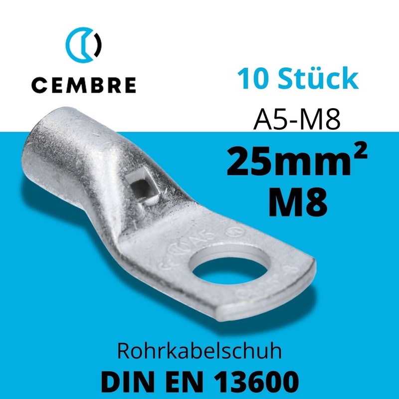 Cembre A5-M8 Tube Cable Lug 25 mm² M8 Uninsulated Tin-Plated