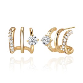 HAXIYA 14K Gold Plated Triple Hoops Illusion Stud Earrings for Women Double Huggie Hoop Earrings for One Hole Trendy CZ Segment Triple Hoop Hypoallergenic Unique Small Cute Jewelry Gift for Women