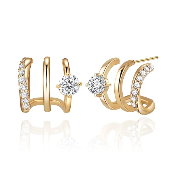HAXIYA 14K Gold Plated Triple Hoops Illusion Stud Earrings for