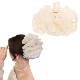 YANHUILAY Hair Clip, Large Hair Clip, Firmly Curled, Clip, Ribbon, Pearl, Fashionable, Hair Accessory, Office, Wedding, Outings, Bath, Birthday, Work, Dense Hair, Gift, Women's (White)