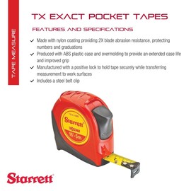 Starrett Pocket Tape Measure - 5m KTX34-16ME-N Exact Steel Belt Clip & Lock Button - Impact Resistant ABS Plastic with Rubber Overmould