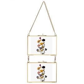 JUXYES Set of 2 Wall Hanging Brass Picture Frame, Glass Hanging Picture Artwork Display Frame, Double Glass Floating Frame Style Gallery Wall Frame for Picture, Pressed Flower, Poster, etc, 4x6 Inches