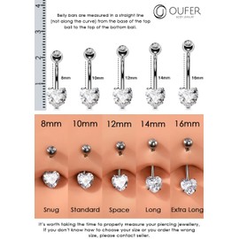 OUFER 14G Belly Button Piercing Titanium Heart Piercing Long Short CZ Gemstone Balls Belly Button Piercing Navel Bars Silver 1.6 mm Navel Ring Woman Gift Jewellery, ['Titanium, Silver]