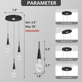 3-Lights LED Pendant Lights for Kitchen Island Black Dimmable Light Fixture Modern Crystal Pendant Lighting for Dining Room Bedroom Living Room Lights Black