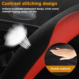 BESULEN Car Steering Wheel Cover, Universal 15 Inch, Carbon Fiber Leather Anti-Slip Steering Wheel Cover, Breathable and Odorless, Warm in Winter and Cool in Summer, Car Accessories (Red)