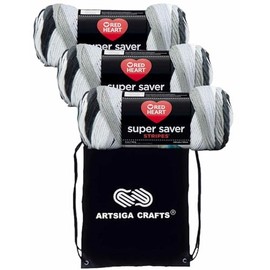 Red Heart Super Saver Newspaper Stripe E300-4153 (3-Skeins - Same Dye Lot) Worsted Medium #4 Acrylic Yarn for Crocheting and Knitting - Bundle with 1 Artsiga Crafts Project Bag