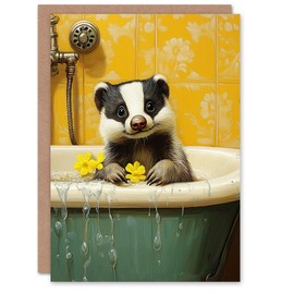 Artery8 Greeting Card Cute Badger in Bathtub Yellow Daisy Theme Bath For Her Woman Birthday Card