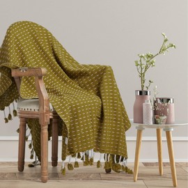 100% Cotton Throw Blanket, Yellow Green Throw Blankets Boho Decorative for Bed Couch 125×150 CM Knitted White Striped Cozy Soft Bohemian Blankets with Tassels for Bed Chair, Living Room 50 x 60 inch