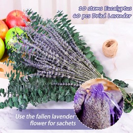FUKUOKA Preserved Eucalyptus Stems & Dried Lavender Bundles for Shower, 70 Pcs17'' Natural Real Live Eucalyptu Leaves Greenery Hanging Lavender Flowers Shower Plant, Fragrance, Vase Decor