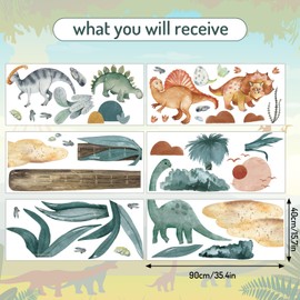 Whaline 6 Sheets Boho Dinosaur Growth Height Wall Decals Stickers Cartoon Watercolor Height Growth Chart Wall Stickers Dinosaur Cloud Tree Removable for Living Room Kindergarten Decor