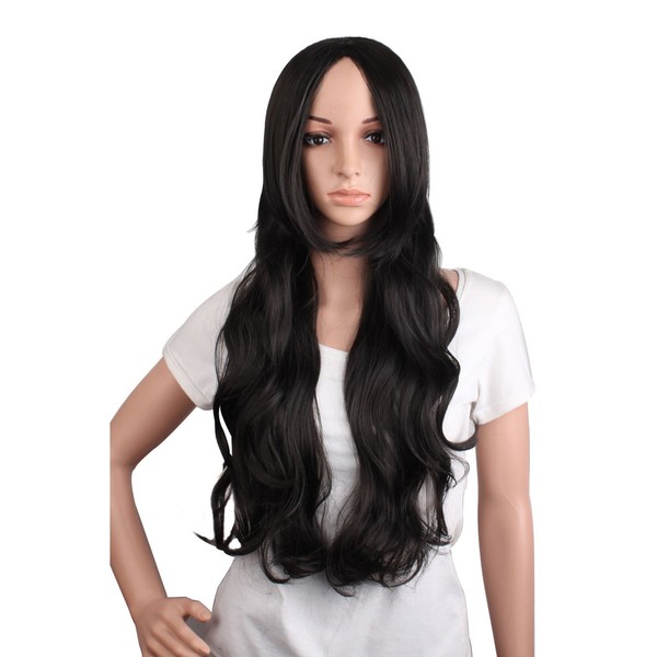 MapofBeauty 28 Inch/70cm Beautiful Charming Women Long Wave Curly Oblique Bangs Synthetic Wig (Black)