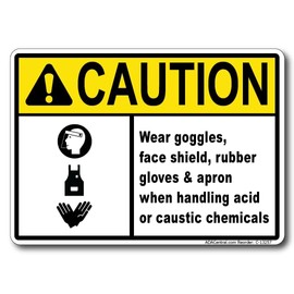 Chemicals Caution Wear Goggles - Face Shield, Rubber Gloves & Apron When Handling Acid or Caustic Chemicals Sign - Bold High Visibility Design Protection Safety Signs Offices - Plastic 5” X 3.5