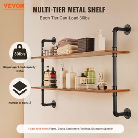 VEVOR Industrial Pipe Shelf, 2 Tier 48x 9.84in, Wall-Mount Floating Rustic Wood Shelves Bracket Display Bookshelf, Storage Rack Sundries Holder for Kitchen Bedroom Bathroom Living Room, Black