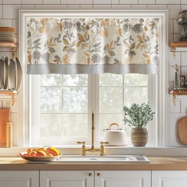 jinchan Linen Valance Double Layer Kitchen Window Curtain Yellow Leaf on Beige Valance for Living Room Cafe Farmhouse Room Darkening Rustic French Country Curtain 18 Inch Rod Pocket 1 Panel