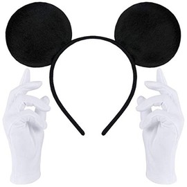 Headband in Black with Mouse Ears + White Gloves, Hair Accessory for Children and Adults, Costume Accessory for Fancy Dress and Carnival (Mouse Ears Black + White Gloves)