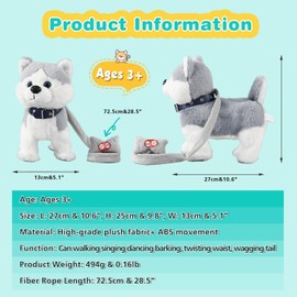 Marsjoy Husky Walking Dog Toy for Girls Barking Puppy with Control Leash, Realistic Wagging Tail Robot Interactive Musical Dancing Animated Plush Stuffed Animal Electronic Pet for Kids Toddlers