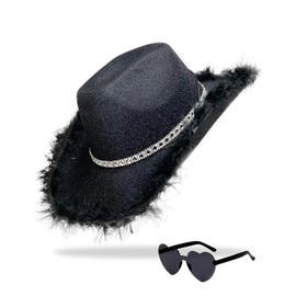 JICASTO Cowboy Hat Pink Cowgirl Hat with Sequins & Tiara Crown for women Rodeo Party Hats with Heart Glasses