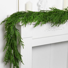 Watayo 2 Pcs Christmas Norfolk Pine Garland- 6 Ft Dense Real Touch Pine Garland Ornament- Realistic Artificial Pine Greenery Garlands for Christmas Holiday Mantle Fireplace Table Home Decor