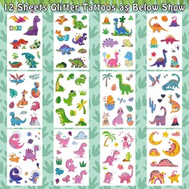 BUYUP Dinosaur Glitter Tattoos for Kids, 120 Styles Temporary Tattoos for Girls Boys, Gifts Games Toys, Stickers, Fake Tattoos for Birthday Decorations Party Bag Fillers