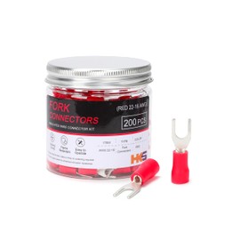 HKS 200PCS Insulated Fork Spade Wire Connectors - Red 22-16 AWG M4 Stud Size #8 - Tinned Red Copper - U-Type Electrical Crimp Terminals