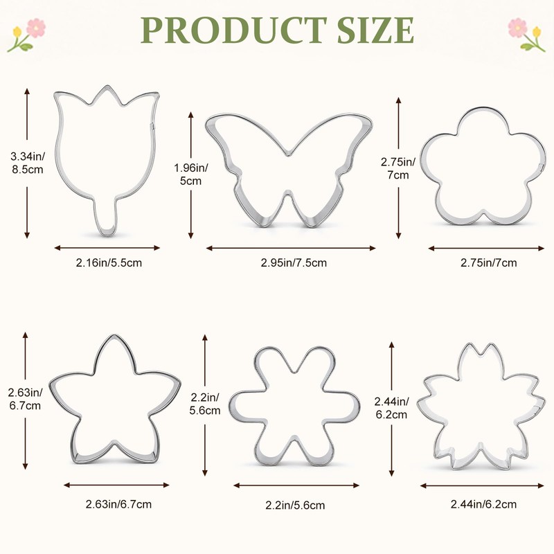 6PCS 3-Inch Flower & Butterfly Cookie Cutters, Stainless Steel