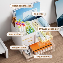 Marbrasse Desk Organiser with 3 Drawers, Pen Holder with Large Capacity for Desk, Office Organiser with 4 Compartments and Accessories, for Office, Home and School (White)