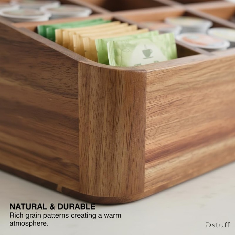 Dstuff Acacia Wood Coffee Station Organizer for Countertop, Tea Organizer