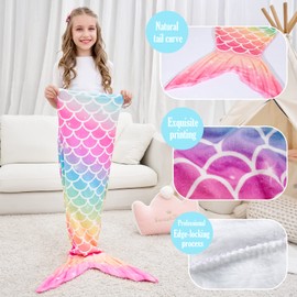 WERNNSAI Mermaid Tail Blanket - Plush Mermaid Wearable Blanket for Girls Kids Teens Rainbow 140cm x 60cm All Seasons Soft Flannel Fleece Snuggle Blanket Mermaid Scale Sleeping Bag