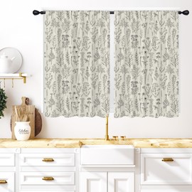 Coxila Beige Floral Kitchen Window Curtains 27.5 x 39 Inch Small Short Mini Cafe Rod Pocket Vintage Flower Retro Grey Farmhouse Living Bedroom Room Home Treatment Set of 2 Curtain Panels Drapes Tiers