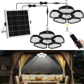 T-SUN Solar Shed Lights Indoor, Motion Sensor/Remote & 5 Modes, IP65 Waterproof Solar Lights for Shop/Garage/Barn, Outdoor Pendant Light for Proch Deck, Energy Saving Hanging Light (2-in-1)