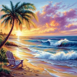 TOSTOG Beach Diamond Art Kits for Adults, DIY 5D Coconut Tree Diamond Painting Kits for Adults, Cute Sunset Scenic Full Drill Diamond Painting for Home Wall Decor Gem Art 30x30cm/12 * 12 In.