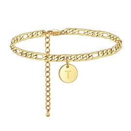 FOSIR Initial Gold Anklets for Women, 18k Gold Plated Stainless Steel Ankle Bracelets for Women Figaro Chain Anklet Beach Jewelry, Letter T