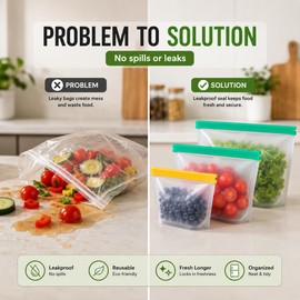 Reusable Silicone Food Bag Freezer Stand Up Fresh-Keeping Bag Food Storage 3pcs Kitchen Leakproof Fresh Stash Bags BPA Free